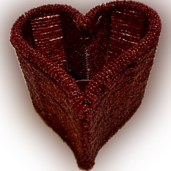 VTG DARK RED BEADED HEART CANDLE HOLDER STURDY METAL ROSE GOLD WIRE FRAME 4.5” - Picture 4 of 11